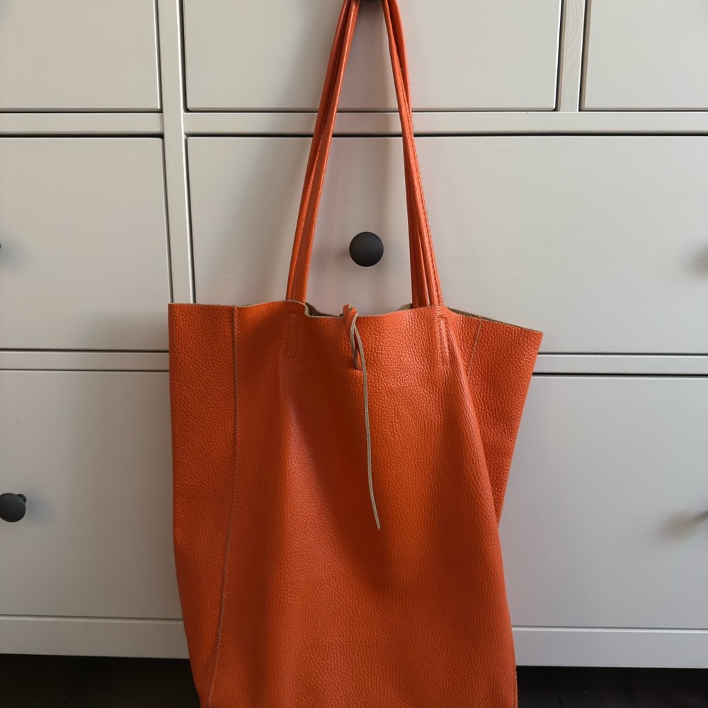 Susmies Orange Leather Tote Bag